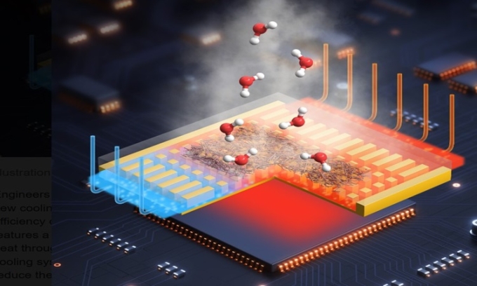 Mô phỏng màng sợi loại bỏ nhiệt từ chip điện tử thông qua bay hơi. Ảnh: Tianshi Feng