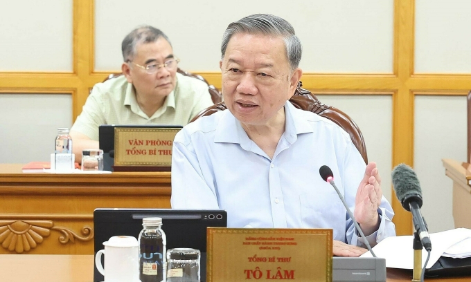 Tổng Bí thư Tô Lâm chủ trì họp Bộ Chính trị về tiến độ sắp xếp đơn vị hành chính các cấp, sáng 6/6. Ảnh: TTXVN